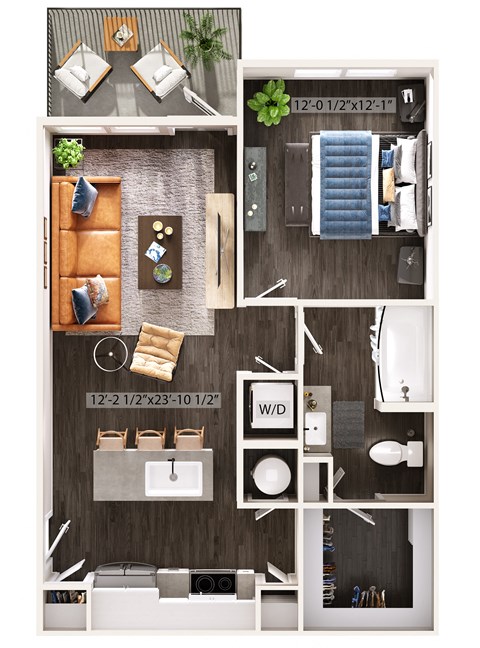 Floor plan for 1 bed, 1 bath, 723 sqft